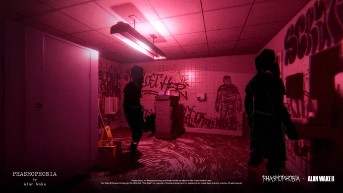 A screenshot from Phasmophobia's upcoming Alan Wake 2 crossover event. One of the bathrooms in Nell's Diner, lit pink. Human-shaped shadows stand ominously. Graffiti from the Dark Place from Alan Wake 2 is all over the walls.