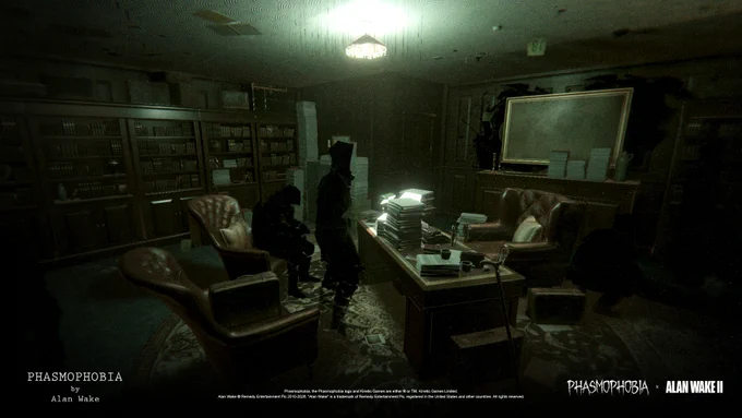 A screenshot from Phasmophobia's upcoming Alan Wake 2 crossover event. The office in the Bleasedale Farmhouse is show, with two shadowy figures in front of the desk. One standing, one sitting forlornly in the chair.