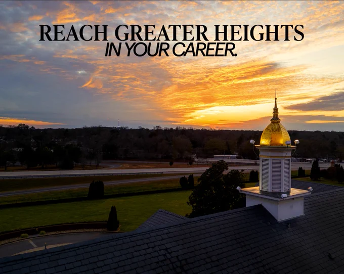 The USC Upstate golden dome is in the forefront of a sunset with a text overlay saying "Reach Greater Heights In Your Career".