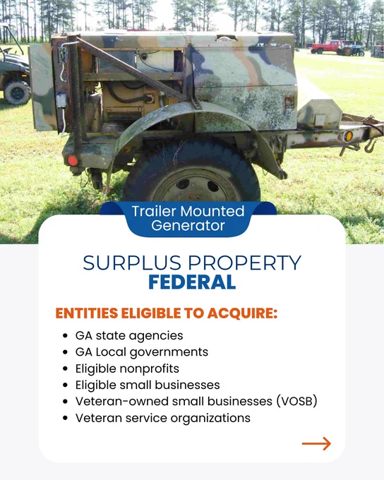  Graphic contains image of a green camo painted generator, mounted on a single wheel trailer. The graphic also contains a list of the type of entities eligible to acquire the item. 