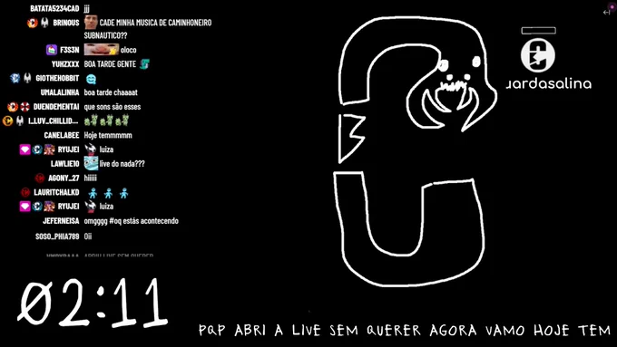 Screenshot of Cellbit's stream screen. There's a an ocean monster themed C on a black background. "Pqp abri a live sem querer agora vamo hoje tem" is written under it. 
