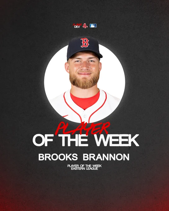 TEXT:
Player of the Week
Brooks Brannon
Player of the Week
Eastern League

IMAGE: A headshot of Brooks Brannon wearing the Red Sox home white uniform overlaid on a black background.