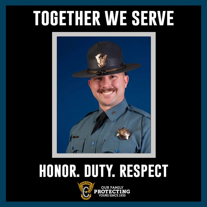 text, "together we serve" "honor. duty. respect" Trooper Powell in full uniform looking forward.
