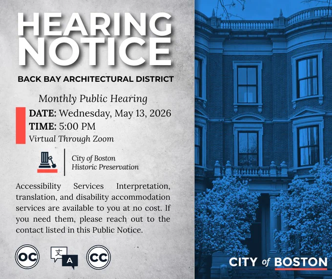Graphic announcing the next hearing of the Back Bay Architectural Commission