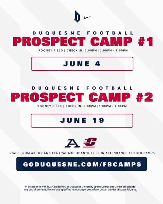 The design features two camp dates at Rooney Field with bold red and navy text on a light gray background. Prospect Camp #1 is scheduled for June 4, and Prospect Camp #2 is scheduled for June 19. Both camps list check-in at 5:00 PM with camp running from 6:00 PM to 9:00 PM. Logos for Akron Zips Football and Central Michigan Chippewas Football appear near the bottom with text stating staff from both programs will attend the camps. Registration information is displayed at goduquesne.com/fbcamps, along with an NCAA participation disclaimer at the bottom.