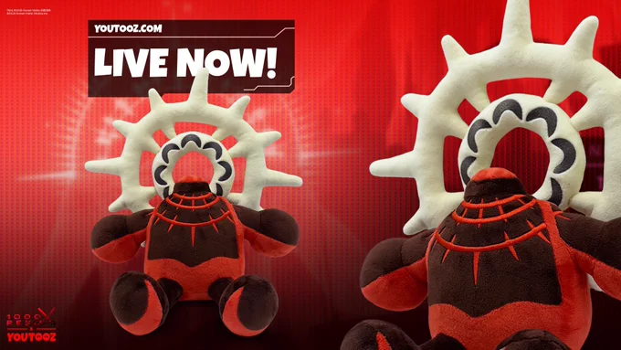 YouTooz marketing asset for the Occupant Plushie that says "LIVE NOW!" The Occupant Plushie looks like one of the Occupants in 1000xRESIST, with a red and black background behind it.
