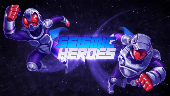 A digital painting of 2 superhero astronauts flying towards the camera with a logo that reads "Seismic Heroes" between them