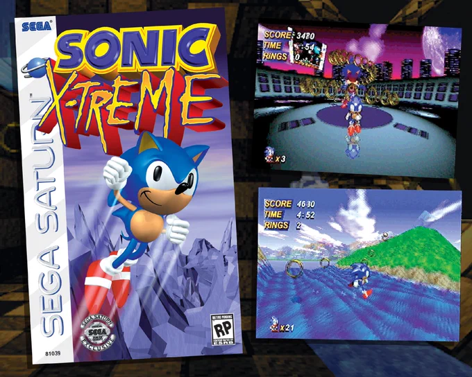 A mock-up of Sonic X-Treme SEGA Saturn Box Art and early gameplay screenshots from the unreleased game.