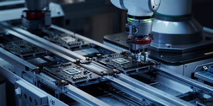 A robotic assembly line creating a printed circuit board. 