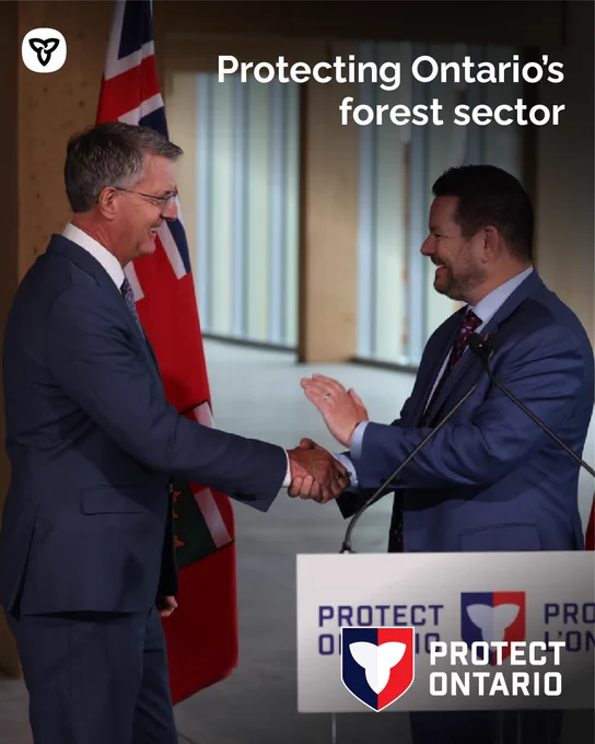 Text: Protecting Ontario’s forest sector

Alt text: Minister Harris and Associate Minister Holland standing at a podium making an announcement. 