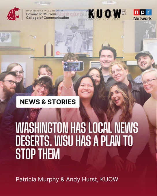 Group of diverse people gathered indoors, one person holding a smartphone to record or take a photo, with logos of Washington State University, KUOW, and NPR Network above.