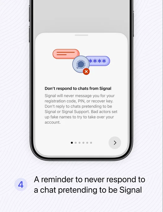 A screenshot showing a reminder to never respond to a chat pretending to be Signal