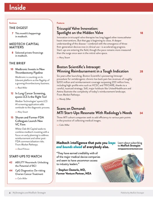 Peripheral innovation is accelerating across #medtech. The April 2026 digital edition of @MedTechStrat explores thrombectomy, tricuspid valve innovation, #AI lung screening, and reimbursement strategy: https://bit.ly/4d3wTYq