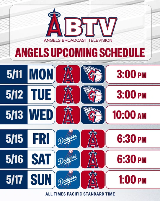ABTV Angels Upcoming Schedule: Angels at Guardians (5/11 at 3pm PT, 5/12 at 3pm PT, 5/13 at 10am PT). Angels vs Dodgers (5/15 at 6:30pm PT, 5/16 at 6:30pm PT, 5/17 at 1pm PT). 