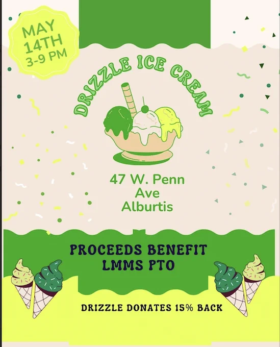 Cool times, great ice cream, and supporting LMMS at the same time! Come out to the awesome Drizzle Ice Cream this Thursday, May 14th, anytime from 3-9pm, mention the fundraiser, and Drizzle will graciously donate 15% back back to our LMMS PTO. Join the fun!