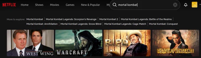 Screenshot of Netflix search result with the search "mortal kombat" where the first search result is "The West Wing".