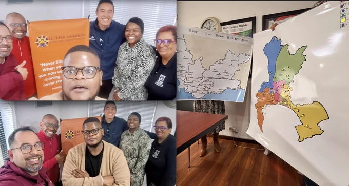 Two group selfies and a large scale map.