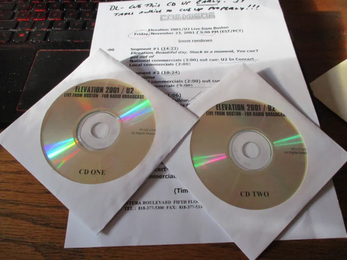  - Elevation 2001 Live from Boston radio broadcast on 2 cds with cue sheet
