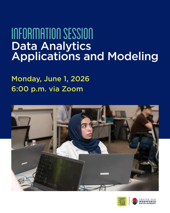 Graphic promoting an information session for data analytics applications and modeling course on Monday June 1, 2026 at 6:00 p.m. The graphic includes an image of students working on laptops in a classroom setting.