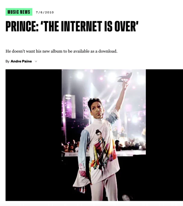 screenshot of a billboard article from 2010 entitled "PRINCE: 'THE INTERNET IS OVER'"