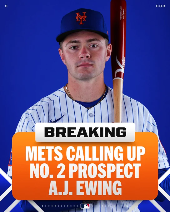 Breaking
Mets Calling Up No. 2 Prospect A.J. Ewing

Pictured: A.J. Ewing poses for a photo during media day. He wears a white Mets uniform, blue cap, and holds a bat over his left shoulder.