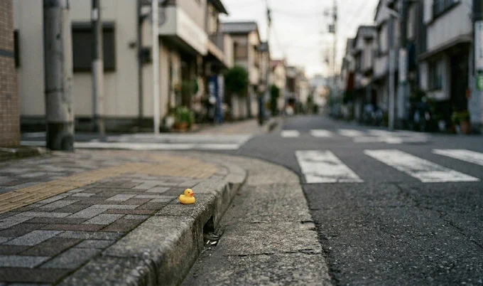 a tiny rubber duck sits safely on a street curb in tokyo