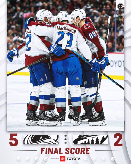 Final for Game Four:
Colorado Avalanche, 5.
Minnesota Wild, 2.