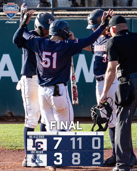 LC State Baseball players celebrating with the score graphic down below