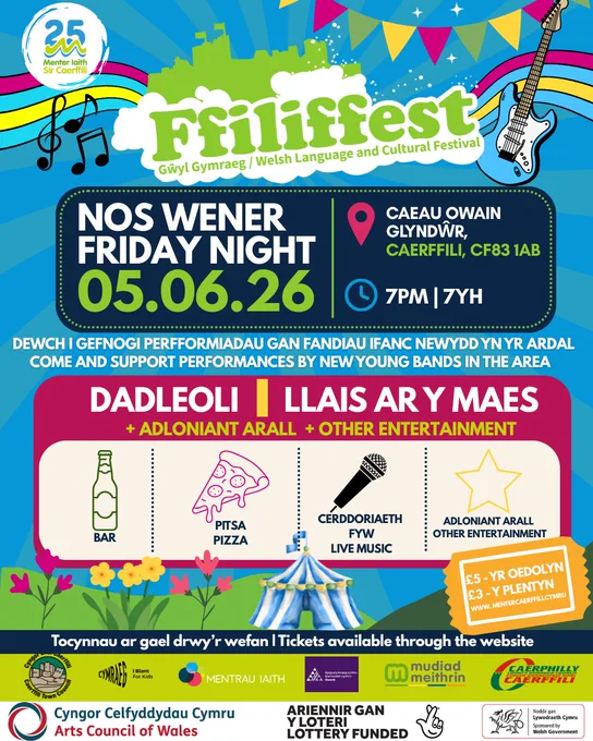 Poster for Ffilifest on 5.6.26 featuring music bands from the area starting at 7pm in Owain Glyndwr Fields.

Poster ar gyfer Ffilifest ar 5.6.26 yn cynnwys bandiau cerddoriaeth o'r ardal yn cychwyn am 7pm yng Nghaeau Owain Glyndŵr.