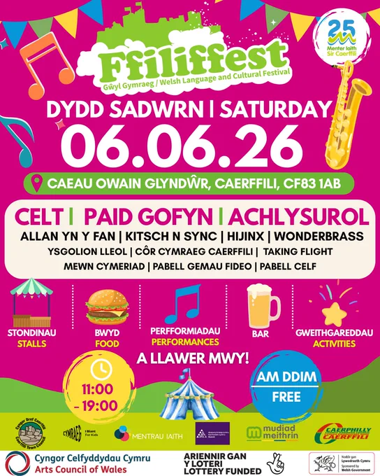 Poster for Ffilifest on 6.6.26 at Owain Glyndŵr Fields - 11:00-19:00

Poster ar gyfer Ffilifest ar 6.6.26 yng Nghaeau Owain Glyndŵr - 11:00-19:00