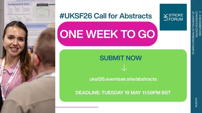 A rectangle image with a photo of a female presenting person with long straight dark hair, a pink shirt with a lanyard around her neck and she is smiling, with her poster behind her. On the right hand side of the image the text reads: #UKSF26 Call for Abstracts. One week to go. Submit now: uksf26.eventsair.site/abstracts Deadline: Tuesday 19 May 11:59pm BST