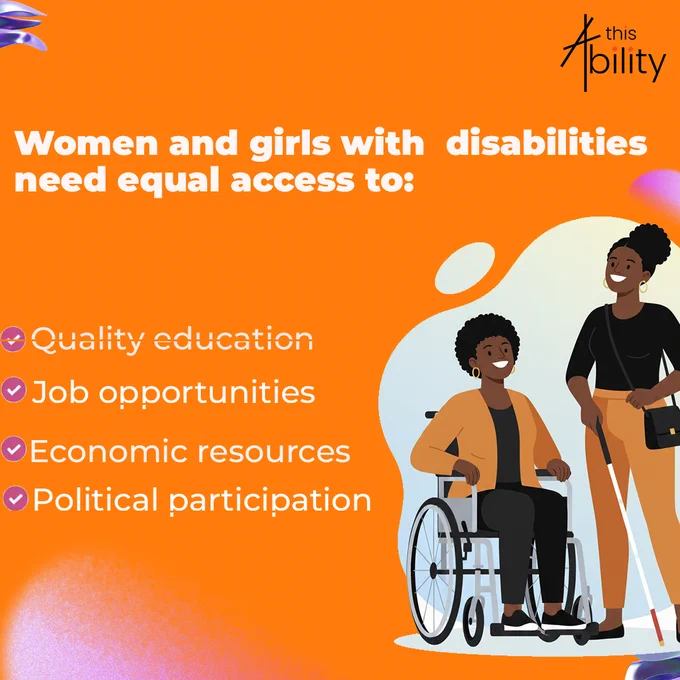 This bright and empowering poster by This Ability Trust
 highlights the importance of equal opportunities for women and girls with disabilities. Using bold orange colors and inclusive illustrations of women with disabilities, the poster emphasizes key areas that require equal access: quality education, job opportunities, economic resources, and political participation. The design promotes inclusion, empowerment, and the right of women and girls with disabilities to fully participate in society.