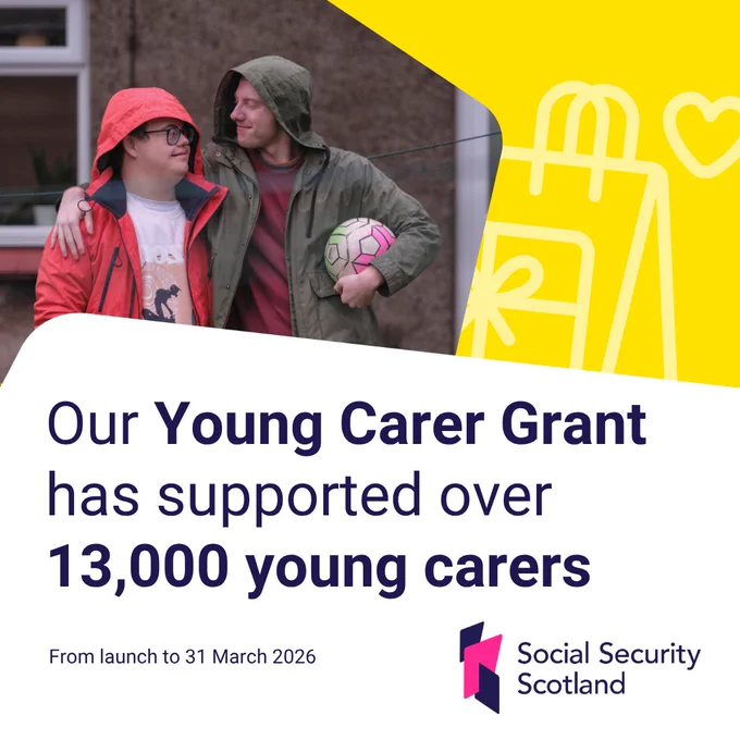 A young carer has their arm round the person they care for. Text on image reads: Our Young Carer Grant has supported over 13,000 young carers from launch to 31 March 2026