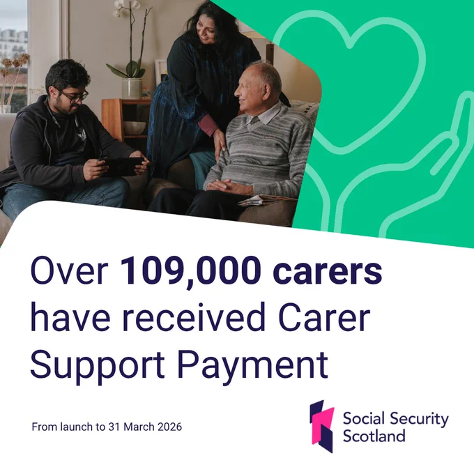 A carer is in a living room with the two people they care for. Text on image reads: Over 109,000 carers have received Carer Support Payment From launch to 31 March 2026