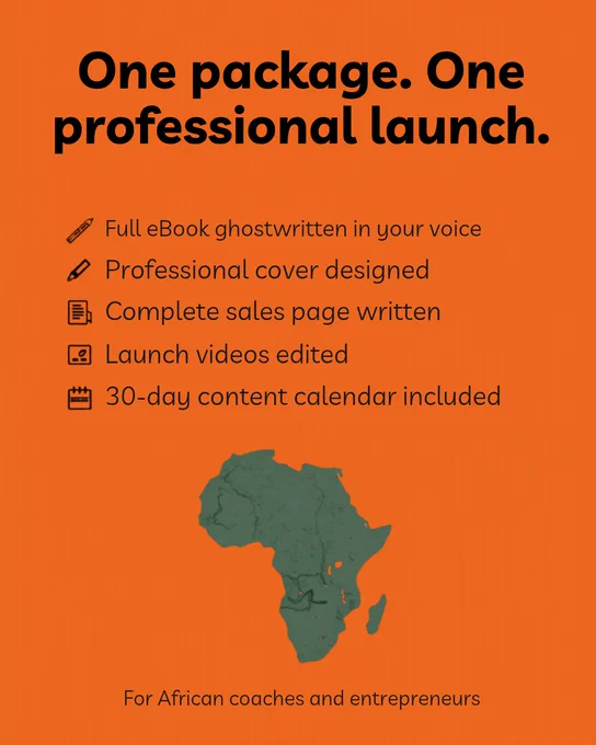 Here is what my Done For You service covers:

✍️ Full eBook ghostwritten in your voice
🎨 Professional cover designed
📋 Complete Selar sales page written
🎬 Launch videos edited
📅 30-day content calendar included

One package. One professional launch.
For African coaches and entrepreneurs.

DM me LAUNCH if you are ready. 🔗