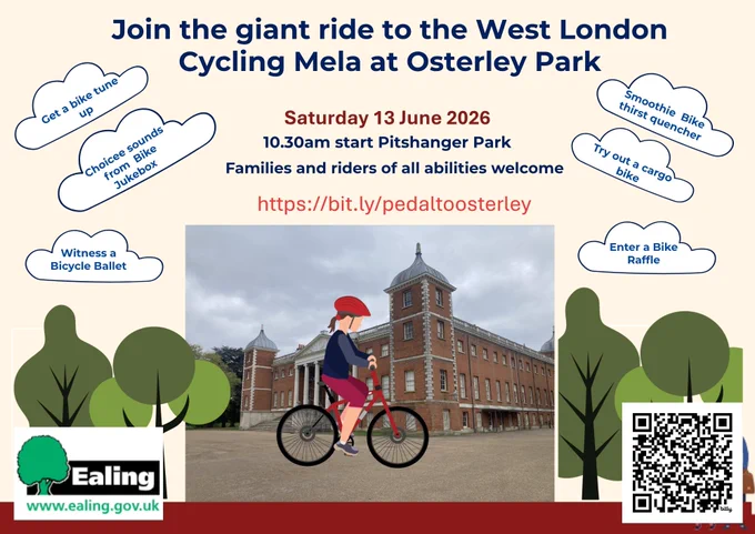 Flyer for all-ability ride from Pitshanger Park to the West London Cycling Mela at Osterley Park on 13 June 2026.