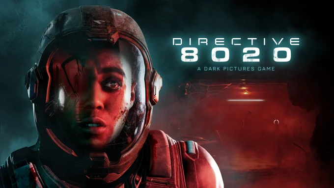 Key art for Directive 8020: A Dark Pictures Game, showing a frightened astronaut in a damaged helmet lit by red and teal light, with a dark sci-fi corridor in the background.