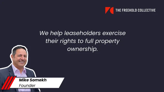 image of TFC founder, Mike Somekh with explainer statement; "we help leaseholders exercise their rights to full property ownership" and a link to TFC leasehold calculator, a free service