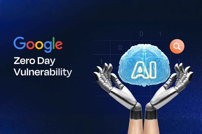 Digital security graphic with a glowing padlock, showing Google's discovery of an AI-powered zero-day vulnerability.