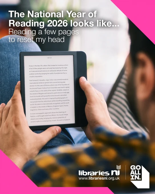 A person reads an e-reader device, with text overlay promoting the National Year of Reading 2026.