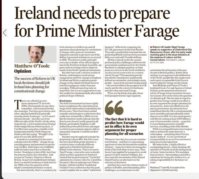 An image of Matthew O'Toole's article in the Irish Times today about how Ireland must prepare for Prime Minister Farage