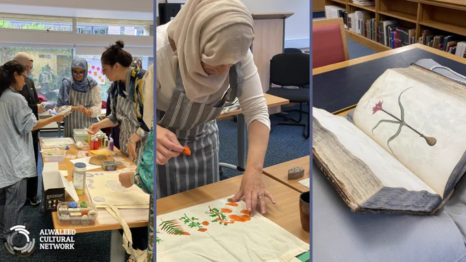 Collage showing participants at a botanical-themed block-printing workshop, a participant creating a botanical-themed tote bag, and a Safflower from an herbal dated 1093 AH/ 1682 CE, with captions in Greek, Arabic, Hebrew and Turkish (Cambridge University Library).