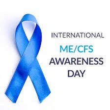 Poster with blue ribbon on left side and international me/cfs awareness day