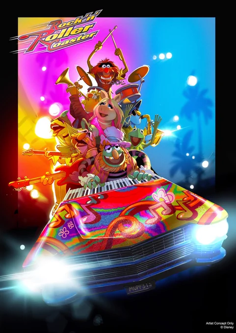 A poster for Rock 'n' Roller Coaster Starring the Muppets, where Animal, Lips, Zoot, Janice, Miss Piggy, Floyd, Kermit, and Dr. Teeth ride in a rainbow-colored limousine.