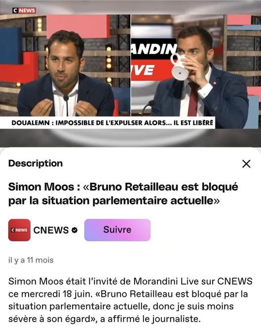 Capture d'écran de la chaine Daily Motion de Cnews. Emission de Morandin du 18 juin 2025 avec Simon Moos.