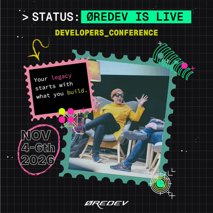 Status: Øredev is live!
A graphic with a stamp featuring a speaker in a yellow jacket gesturing during a discussion on stage at Øredev with the motto "Your legacy starts with what you build".