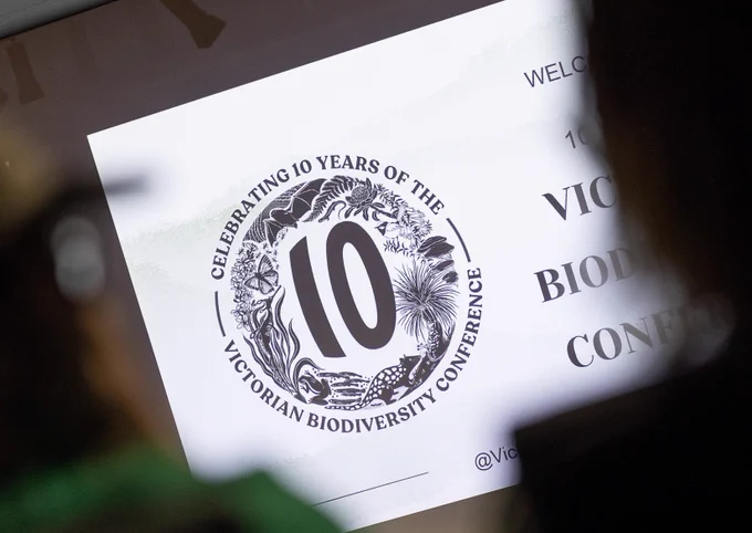A photo of the VicBioCon 10th anniversary logo on a projector, taken between two people’s heads which are blurred and shadowed, as though the logo is being seen through a crowd.