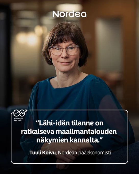 Nordean p\u00E4\u00E4ekonomisti Tuuli Koivu katsoo hymyillen kameraan. Nordean logo ja lainaus: \"L\u00E4hi-id\u00E4n tilanne on ratkaiseva maailmantalouden n\u00E4kymien kannalta\".