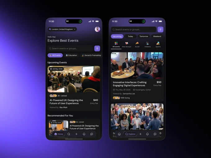A modern event management mobile app designed to help users discover, explore, and join events through a clean and engaging mobile experience. The concept focuses on simplifying event discovery while creating a visually immersive interface that encourages interaction and community engagement.

The experience was designed around intuitive navigation and content accessibility, allowing users to quickly browse upcoming events, explore categories, and discover communities based on their interests. Search and filtering interactions were intentionally streamlined to reduce friction and improve event discovery efficiency.

The event cards combine visual storytelling with essential information such as event title, date, location, attendee count, and pricing in a structured and easy-to-scan layout. The goal was to create an experience where users can understand event details instantly without feeling overwhelmed by excessive content.